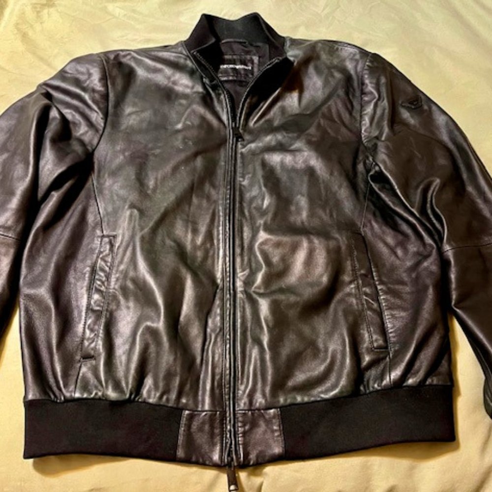 Emporio Armani Men's Black Lamb Leather Bomber Jacket - size Medium
